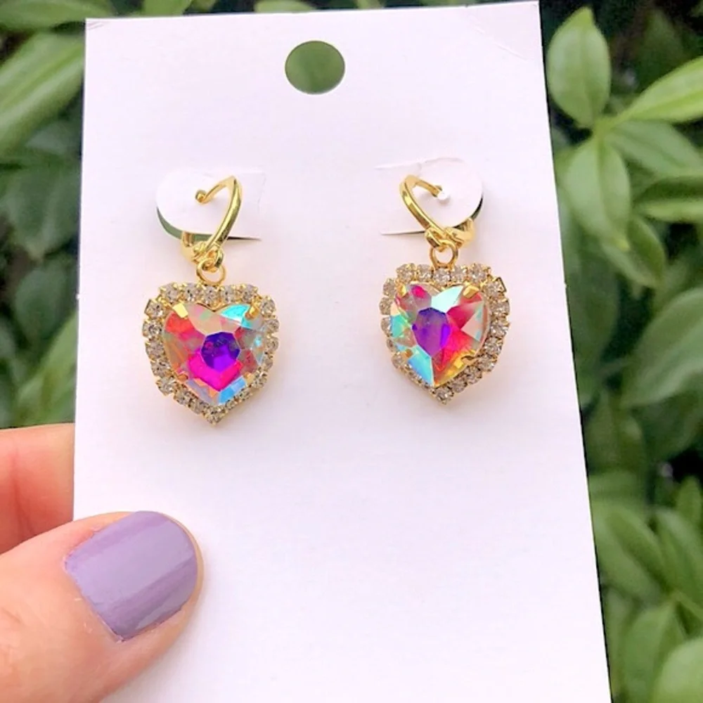 Aurora Borealis Heart Crystal Halo Drop Earrings